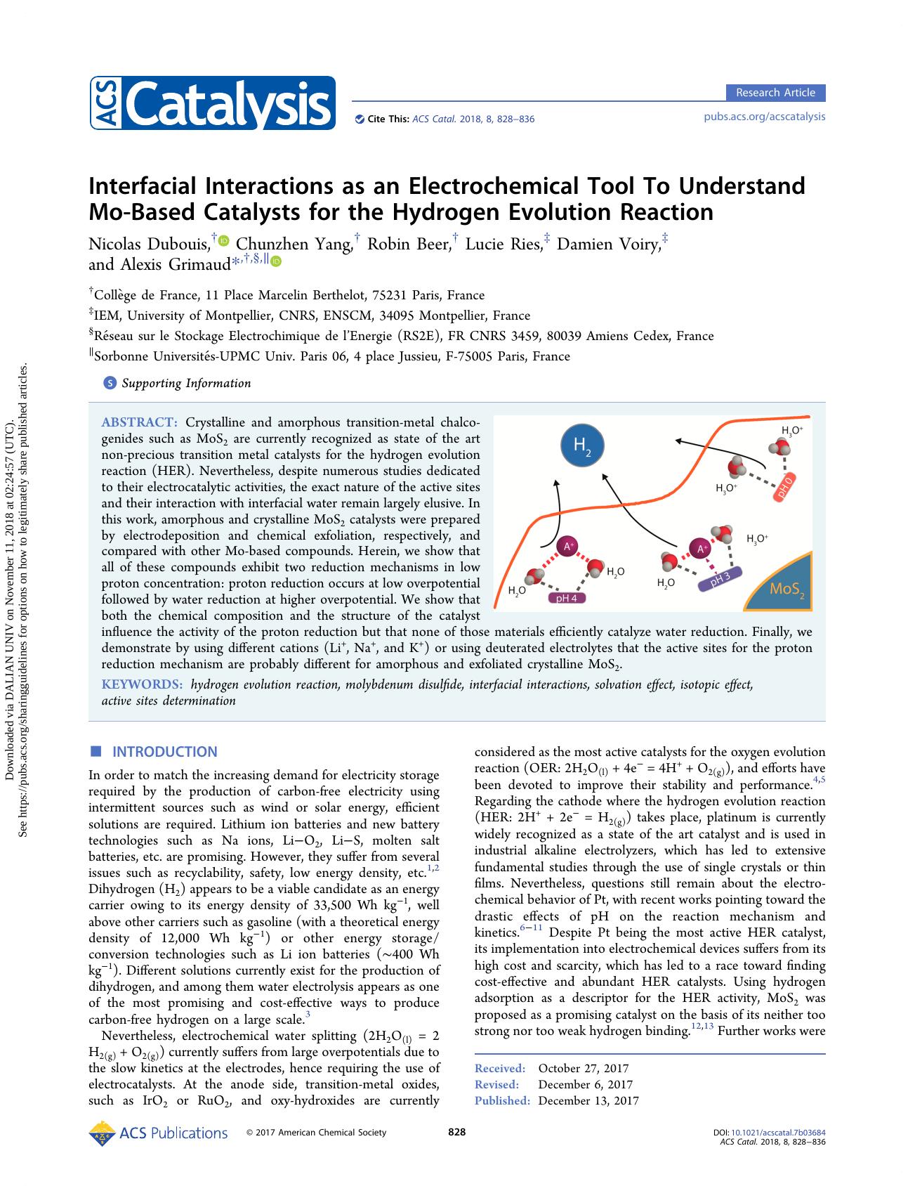 Interfacial Interactions as an Electrochemical Tool To Understand Mo-Based Catalysts for the Hydrogen Evolution Reaction by Nicolas Dubouis Chunzhen Yang Robin Beer Lucie Ries Damien Voiry & Alexis Grimaud