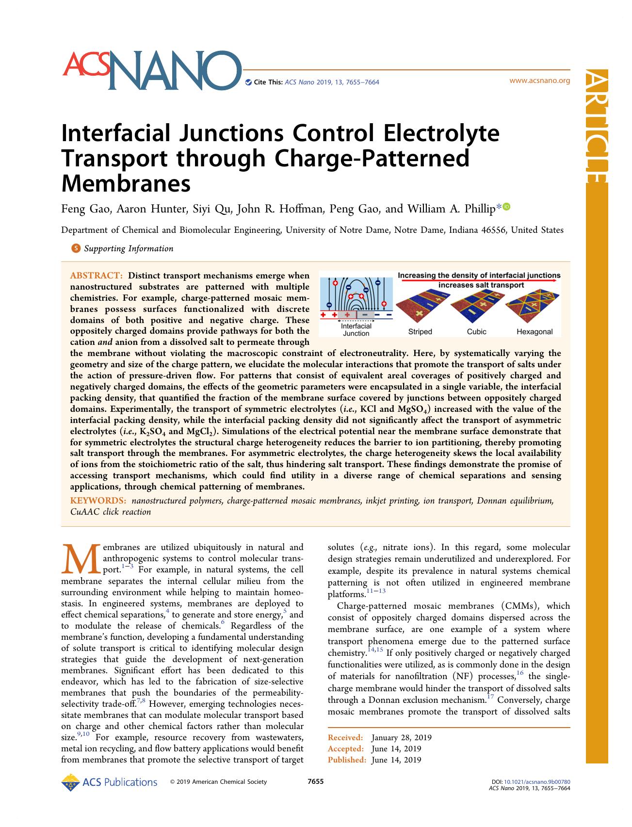 Interfacial Junctions Control Electrolyte Transport through Charge-Patterned Membranes by Feng Gao Aaron Hunter Siyi Qu John R. Hoffman Peng Gao and William A. Phillip