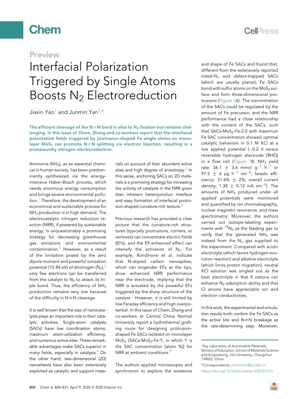 Interfacial Polarization Triggered by Single Atoms Boosts N2 Electroreduction by Jiaxin Yao & Junmin Yan