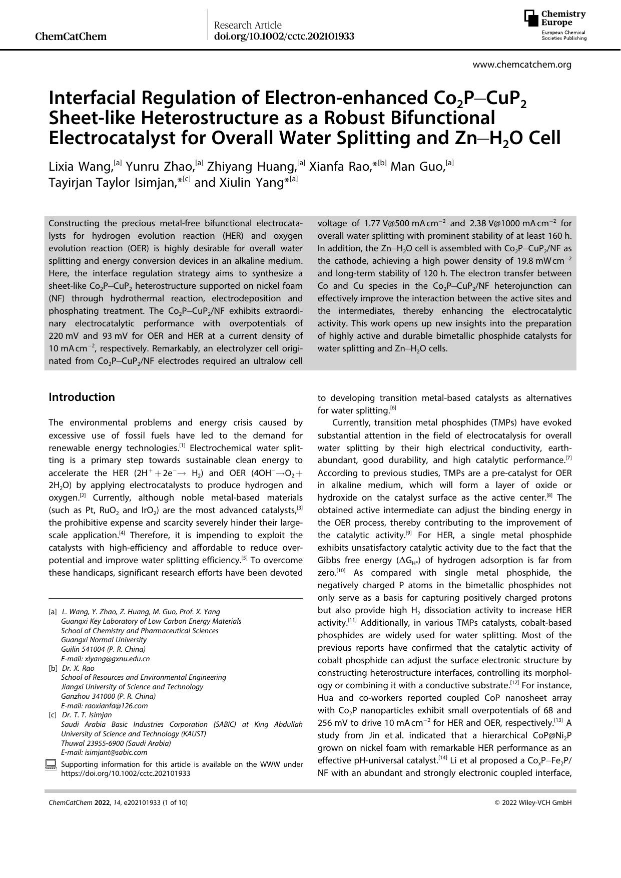 Interfacial Regulation of Electronâenhanced Co2PâCuP2 Sheetâlike Heterostructure as a Robust Bifunctional Electrocatalyst for Overall Water Splitting and ZnâH2O Cell by Unknown