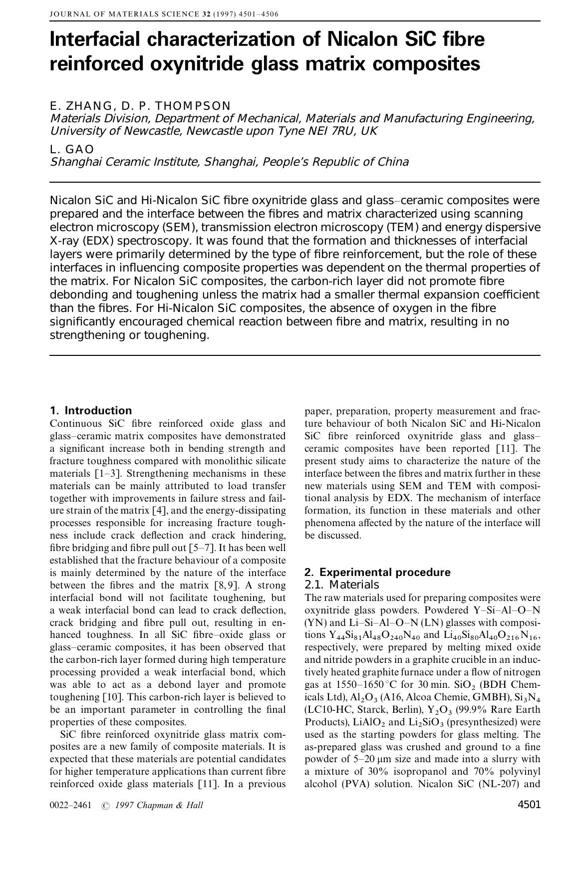 Interfacial characterization of Nicalon SiC fibre reinforced oxynitride glass matrix composites by Unknown