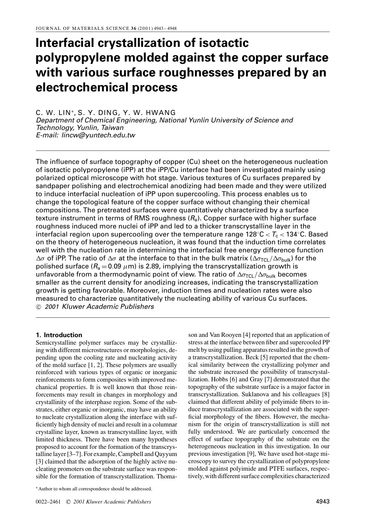Interfacial crystallization of isotactic polypropylene molded against the copper surface with various surface roughnesses prepared by an electrochemical process by Unknown