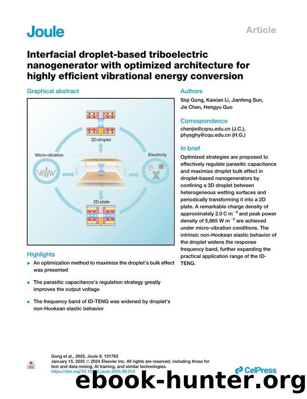 Interfacial droplet-based triboelectric nanogenerator with optimized architecture for highly efficient vibrational energy conversion by Siqi Gong & Kaixian Li & Jianfeng Sun & Jie Chen & Hengyu Guo