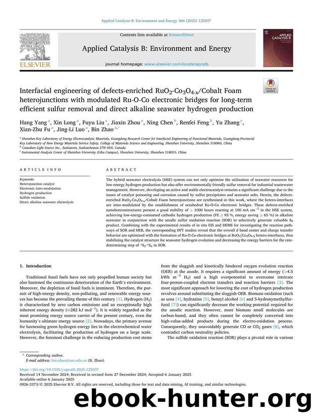 Interfacial engineering of defects-enriched RuO2-Co3O4-xCobalt Foam heterojunctions with modulated Ru-O-Co electronic bridges for long-term efficient sulfur removal and direct alka by unknow