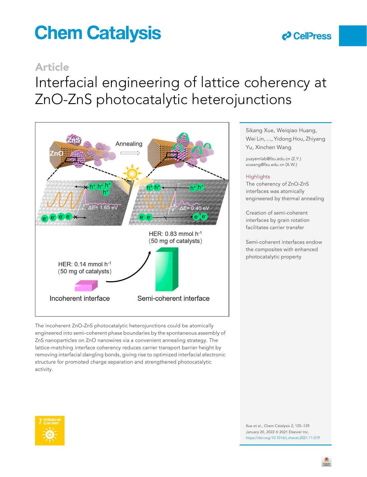 Interfacial engineering of lattice coherency at ZnO-ZnS photocatalytic heterojunctions by unknow