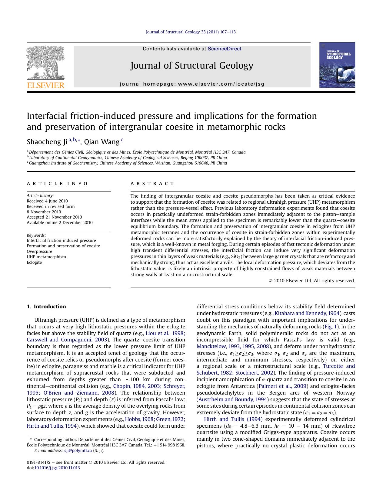 Interfacial friction-induced pressure and implications for the formation and preservation of intergranular coesite in metamorphic rocks by Shaocheng Ji & Qian Wang