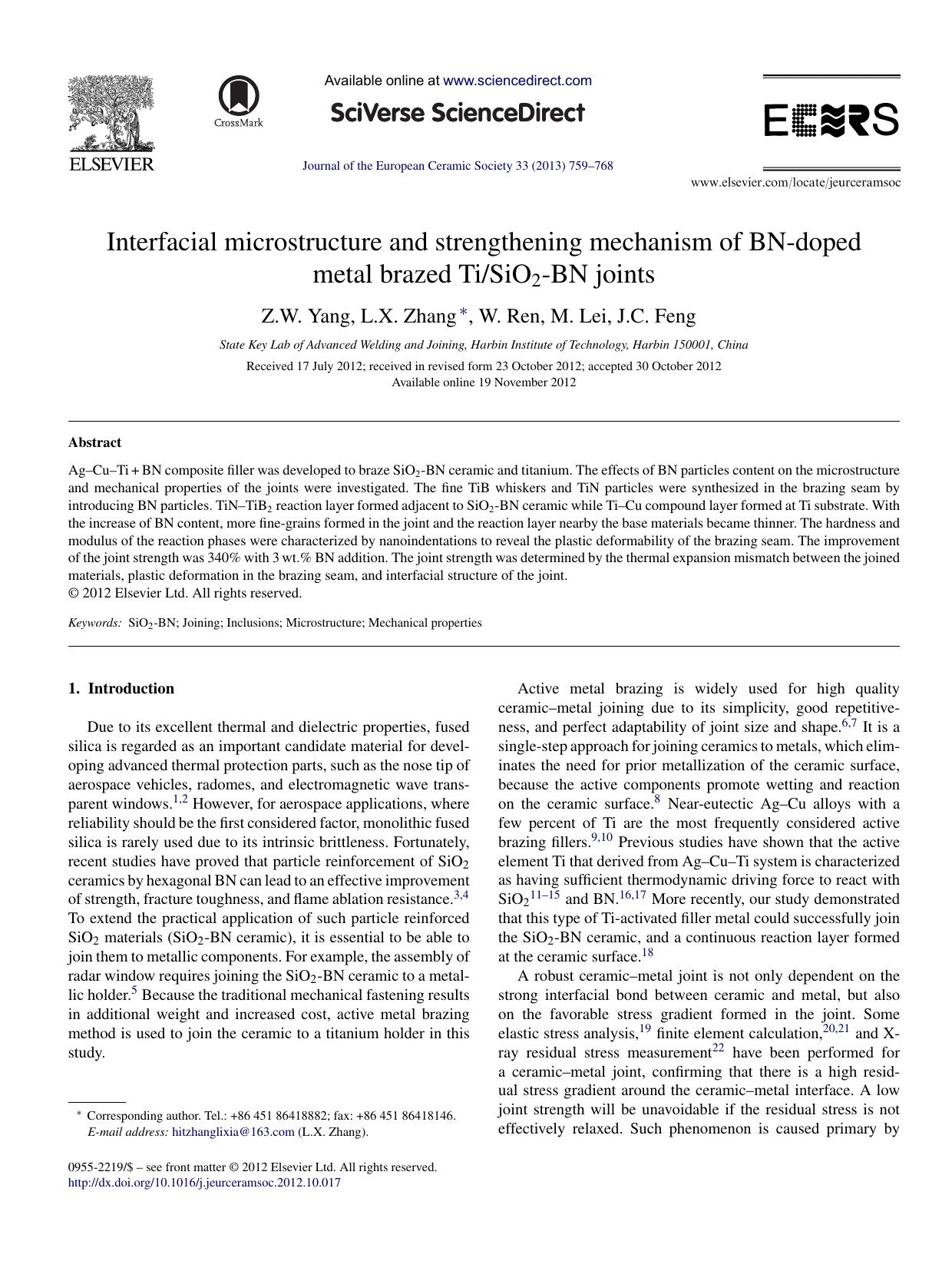 Interfacial microstructure and strengthening mechanism of BN-doped metal brazed TiSiO2-BN joints by Z.W. Yang