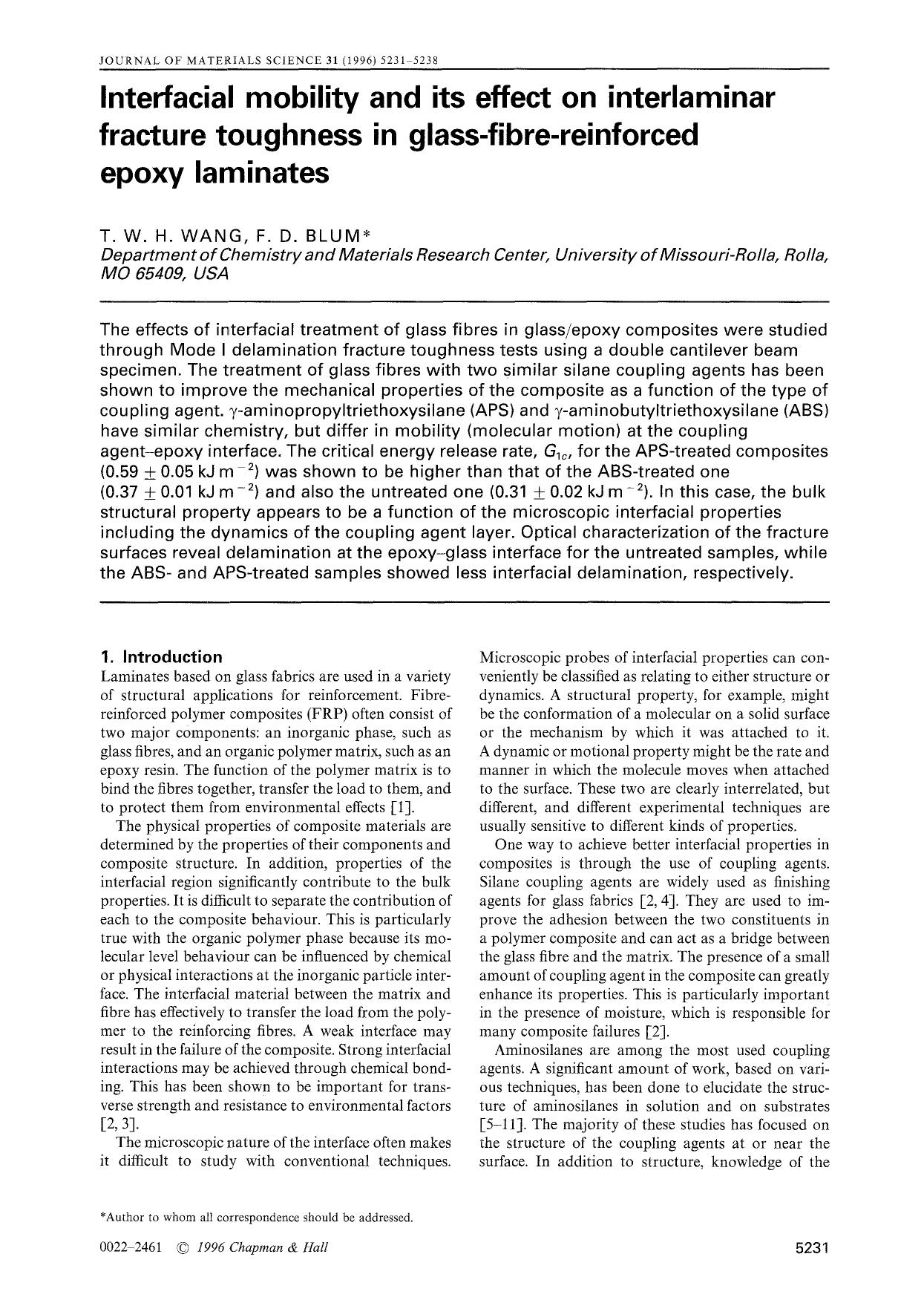 Interfacial mobility and its effect on interlaminar fracture toughness in glass-fibre-reinforced epoxy laminates by Unknown