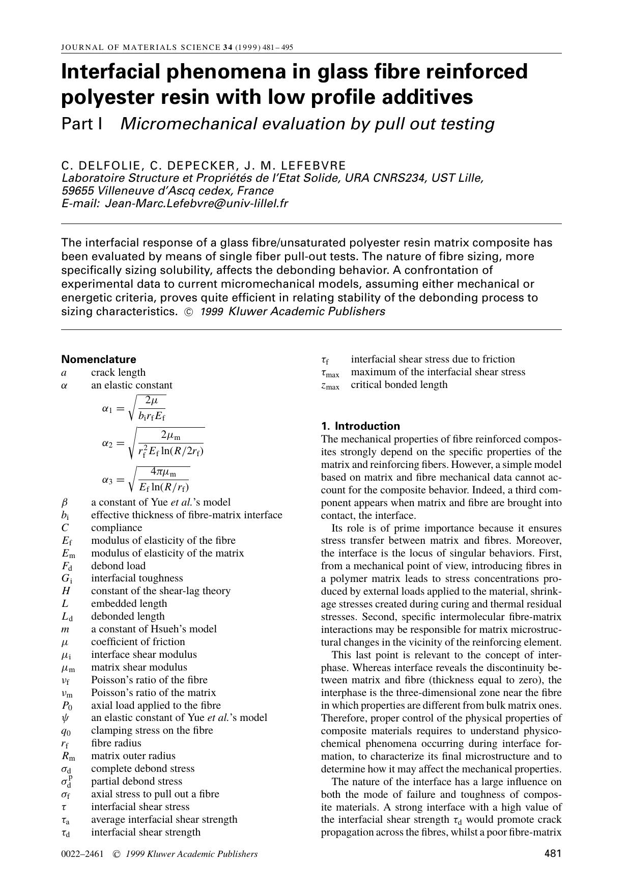 Interfacial phenomena in glass fibre reinforced polyester resin with low profile additives Part I Micromechanical evaluation by pull out testing by Unknown