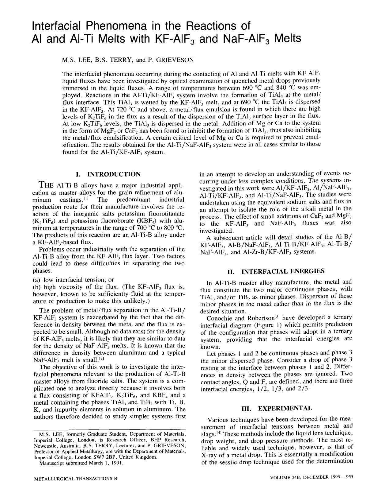 Interfacial phenomena in the reactions of AI and Al-Ti melts with KF-AIF <Subscript>3 <Subscript> and NaF-AIF <Subscript>3 <Subscript> melts by Unknown