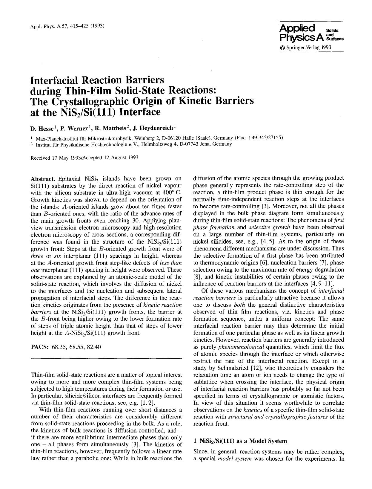 Interfacial reaction barriers during thin-film solid-state reactions: The crystallographic origin of kinetic barriers at the NiS<Subscript>2<Subscript>Si(111) interface by Unknown