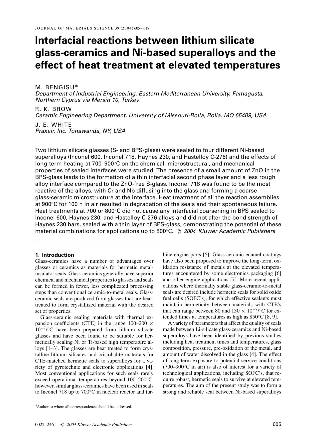 Interfacial reactions between lithium silicate glass-ceramics and Ni-based superalloys and the effect of heat treatment at elevated temperatures by Unknown