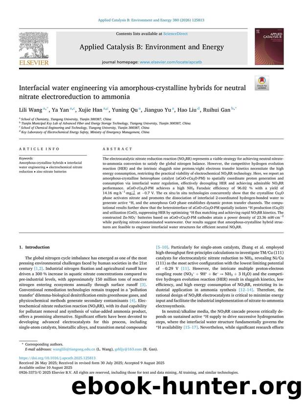 Interfacial water engineering via amorphous-crystalline hybrids for neutral nitrate electroreduction to ammonia by Lili Wang & Ya Yan & Xujie Han & Yuning Qu & Jianguo Yu & Hao Liu & Ruihui Gan