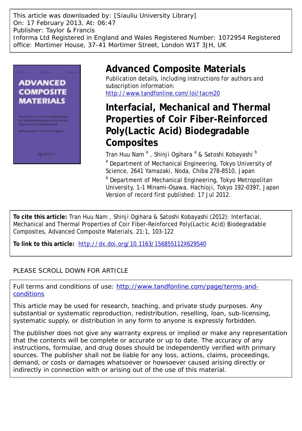 Interfacial, Mechanical and Thermal Properties of Coir Fiber-Reinforced Poly(Lactic Acid) Biodegradable Composites by Tran Huu Nam Shinji Ogihara & Satoshi Kobayashi