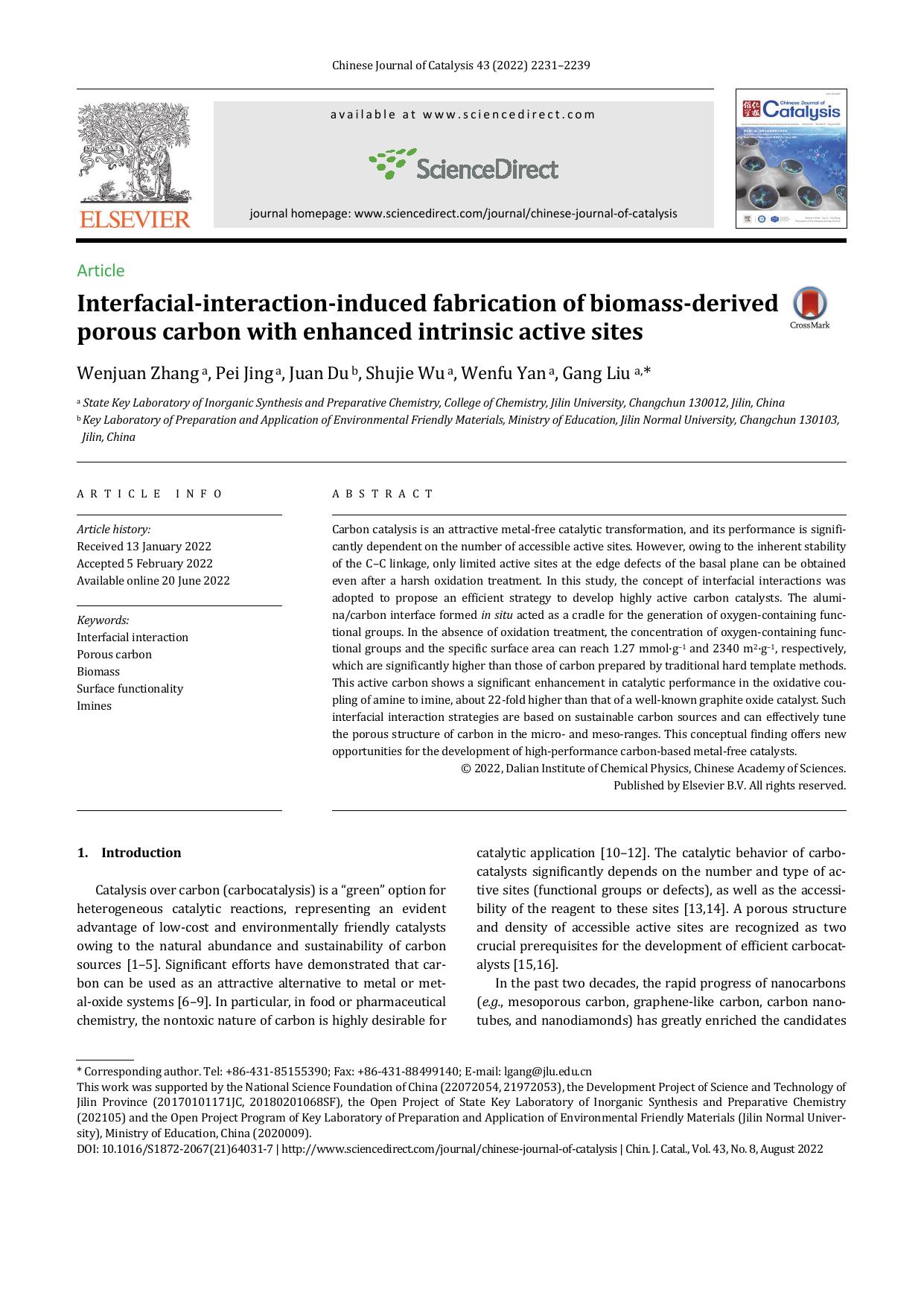 Interfacial-interaction-induced fabrication of biomass-derived porous carbon with enhanced intrinsic active sites by Wenjuan Zhang & Pei Jing & Juan Du & Shujie Wu & Wenfu Yan & Gang Liu