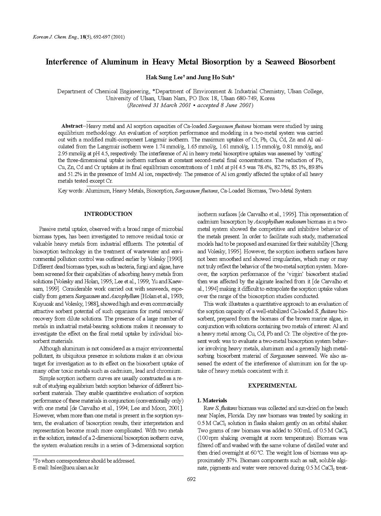 Interference of aluminum in heavy metal biosorption by a seaweed biosorbent by Unknown