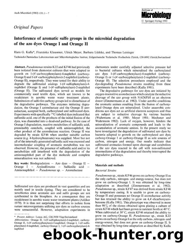 Interference of aromatic sulfo groups in the microbial degradation of the azo dyes Orange I and Orange II by Unknown