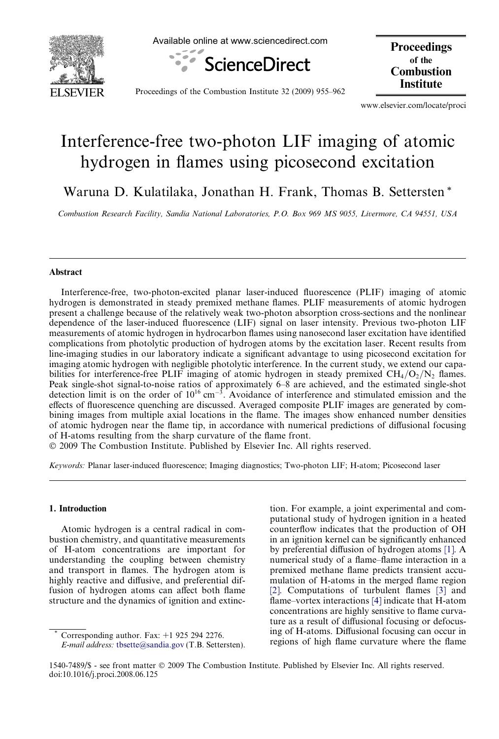 Interference-free two-photon LIF imaging of atomic hydrogen in flames using picosecond excitation by Waruna D. Kulatilaka; Jonathan H. Frank; Thomas B. Settersten