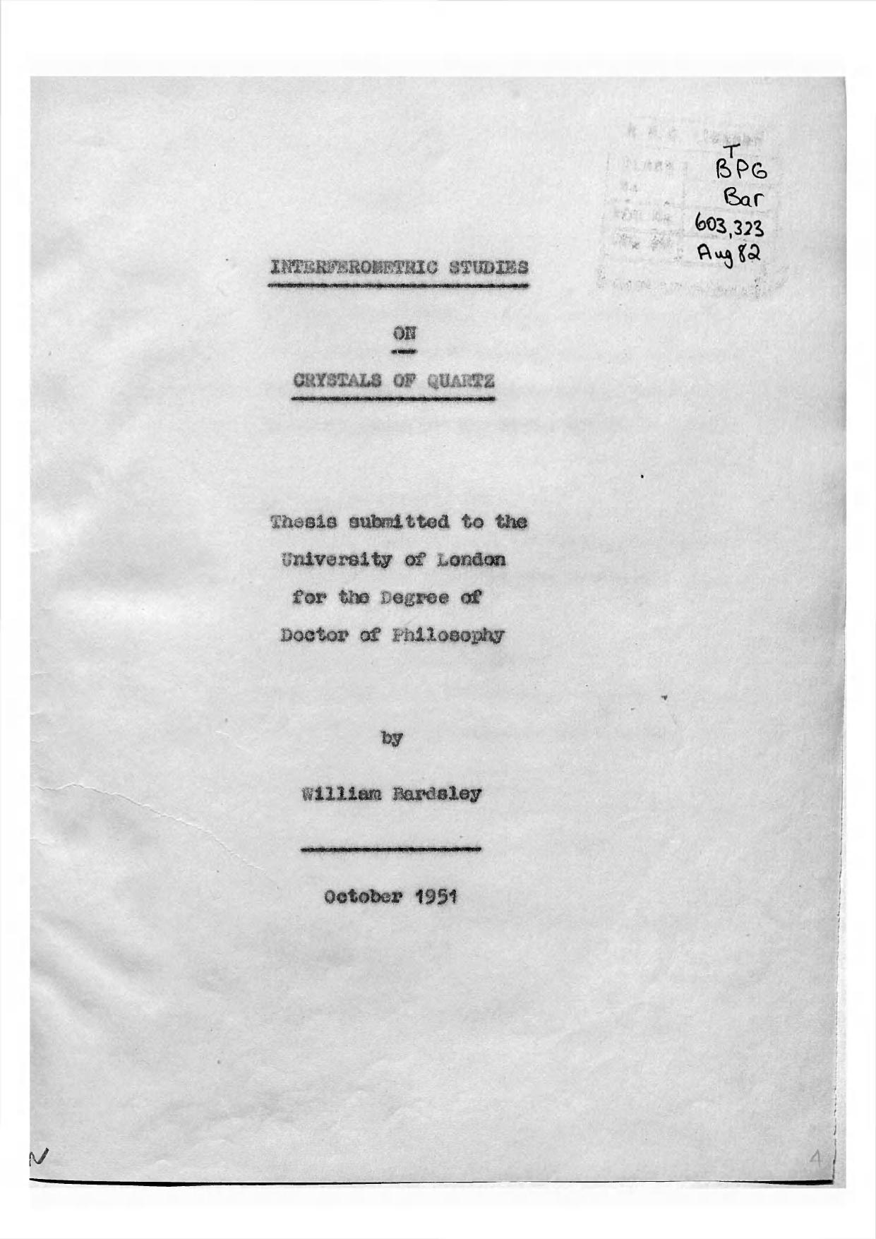 Interferometric studies on crystals of quartz by Bardsley William