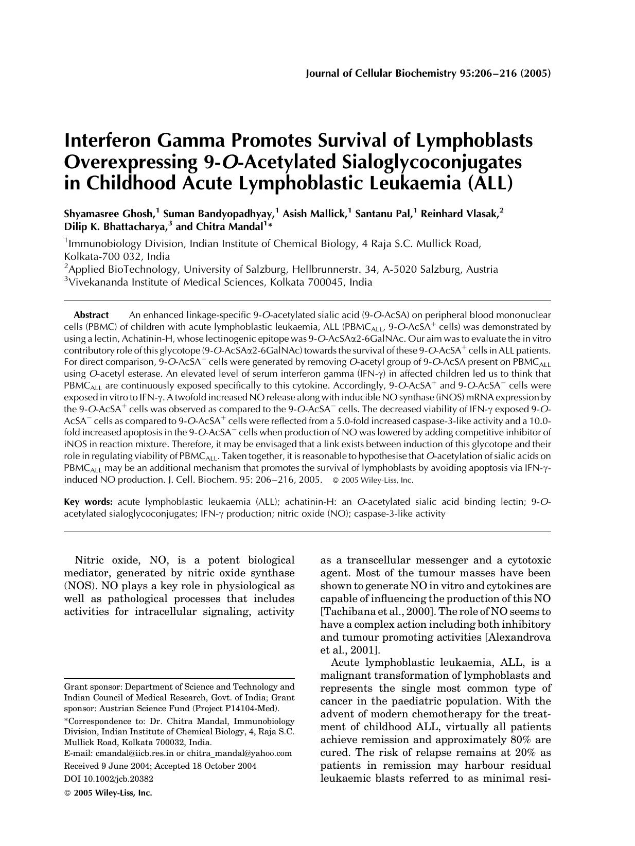 Interferon gamma promotes survival of lymphoblasts overexpressing 9-O-acetylated sialoglycoconjugates in childhood acute lymphoblastic leukaemia (ALL) by Unknown