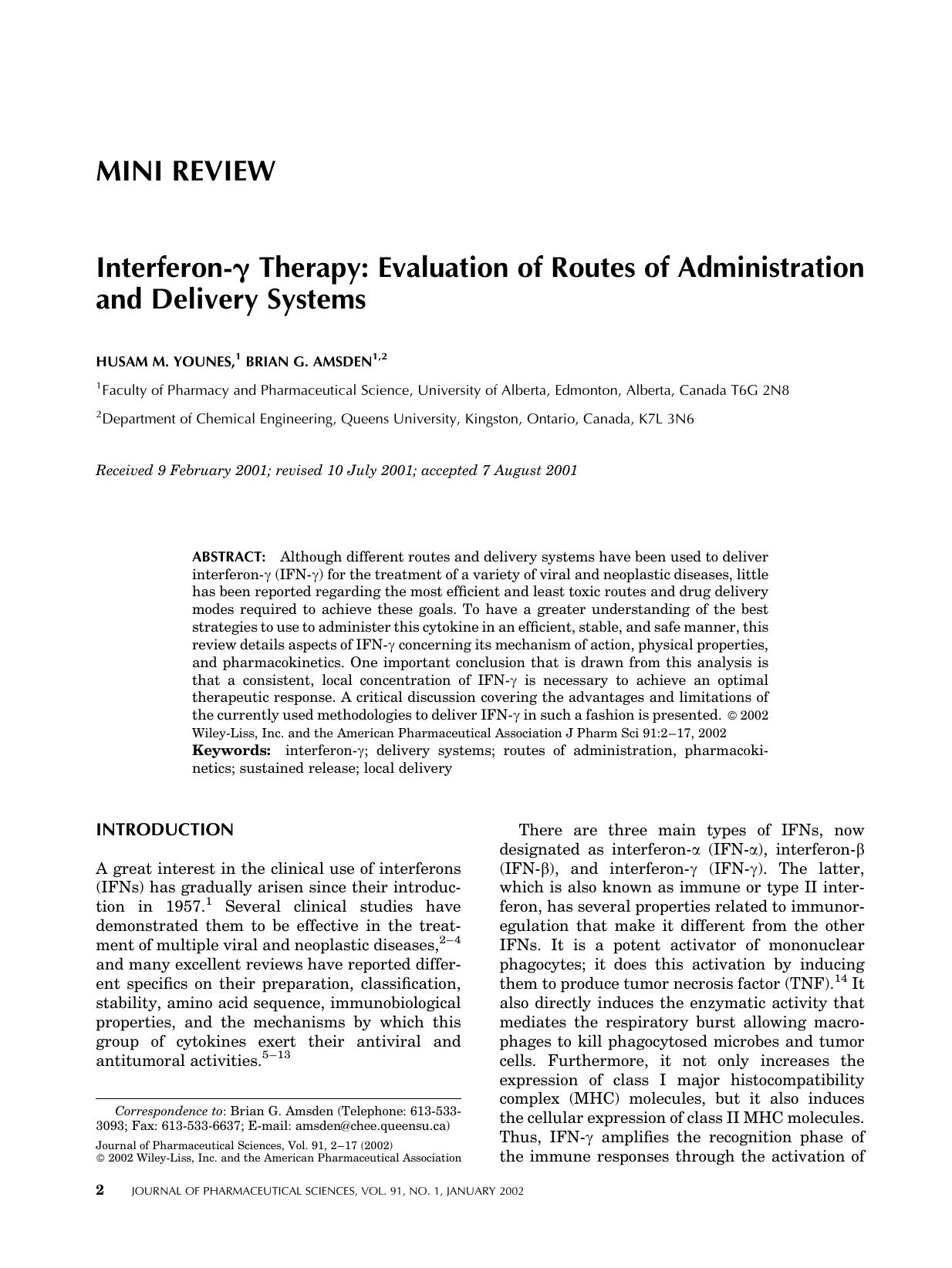 Interferon-[gamma] therapy: Evaluation of routes of administration and delivery systems by Unknown
