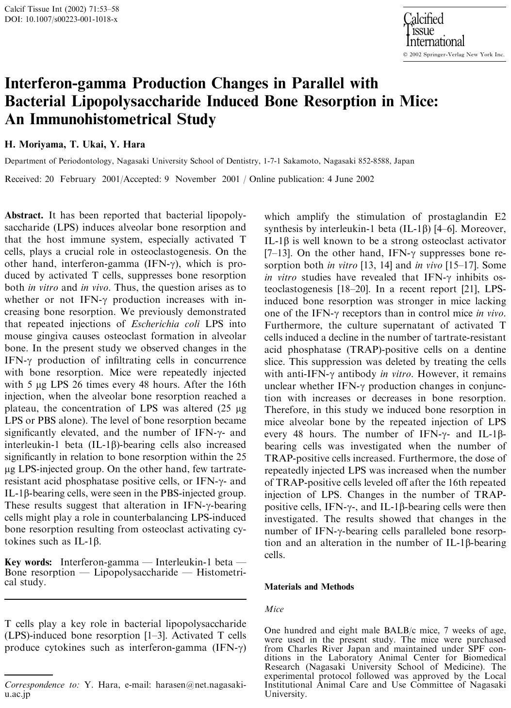 Interferon-gamma Production Changes in Parallel with Bacterial Lipoplysaccharide Induced Bone Resorption in Mice: An Immunohistometrical Study by Moriyama H. et al