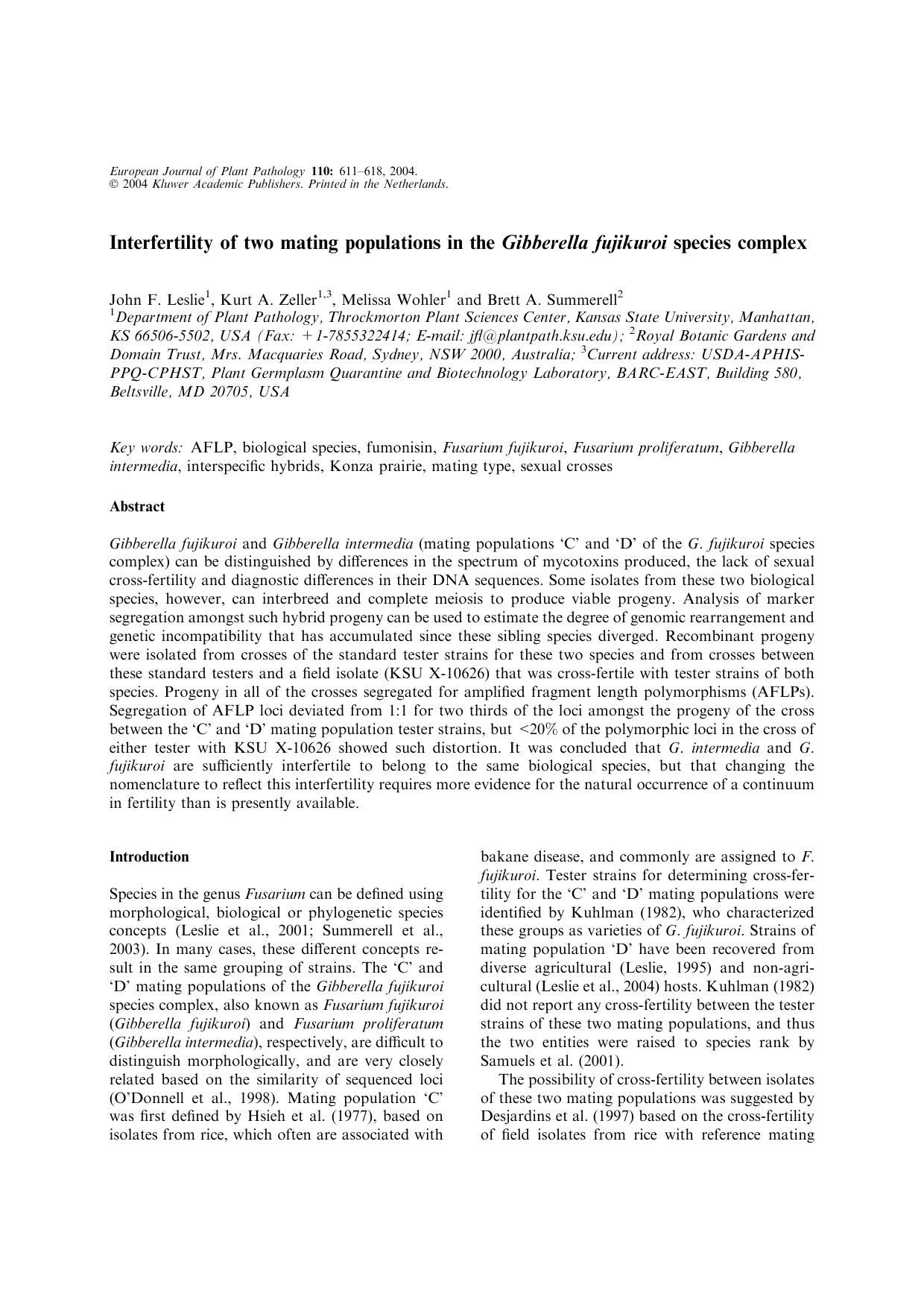 Interfertility of Two Mating Populations in the <Emphasis Type="Italic">Gibberella Fujikuroi<Emphasis> Species Complex by Unknown