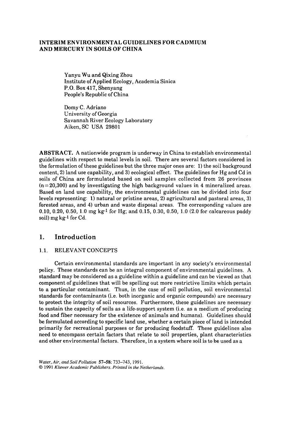 Interim environmental guidelines for cadmium and mercury in soils of China by Unknown