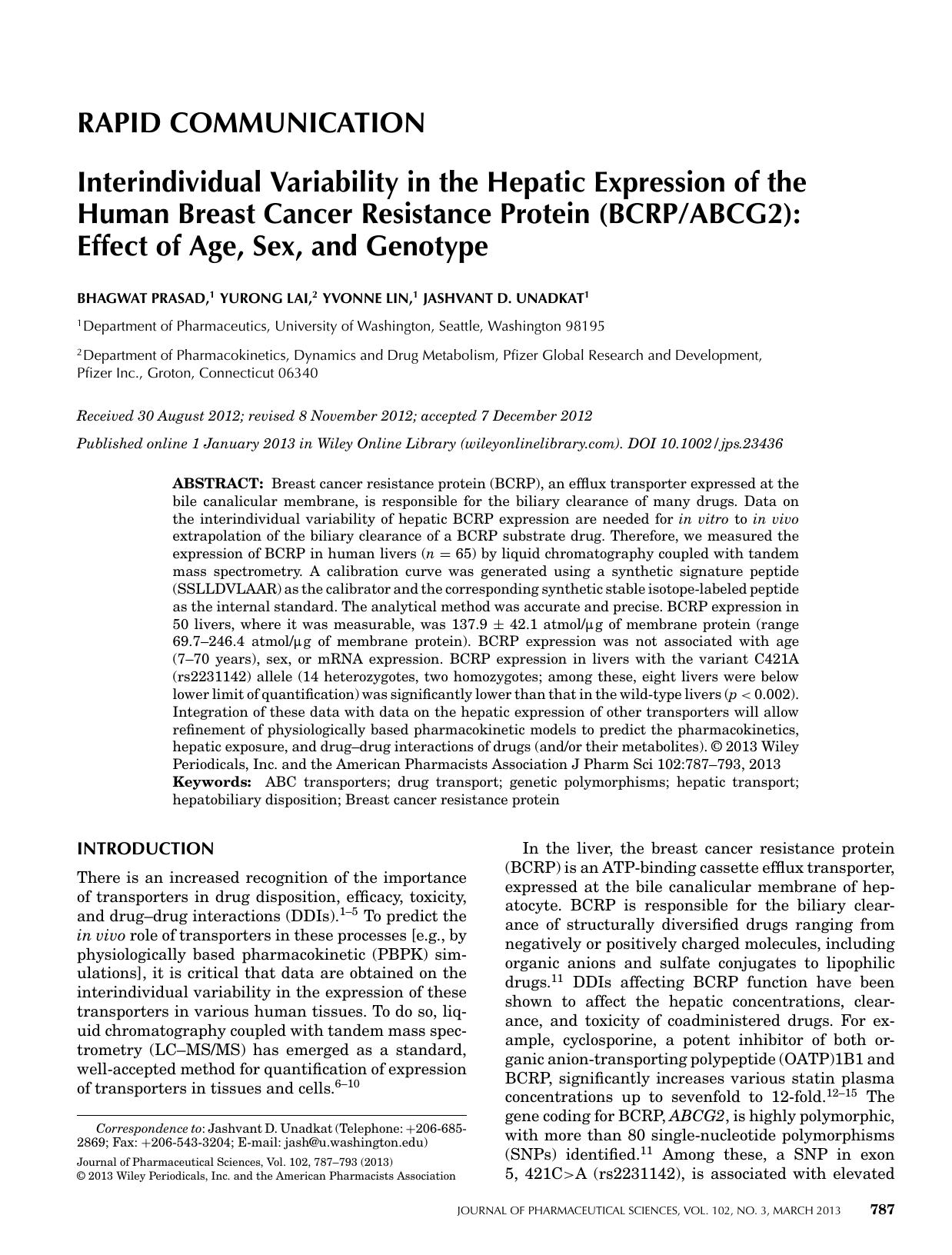 Interindividual variability in the hepatic expression of the human breast cancer resistance protein (BCRPABCG2): Effect of age, sex, and genotype by Unknown