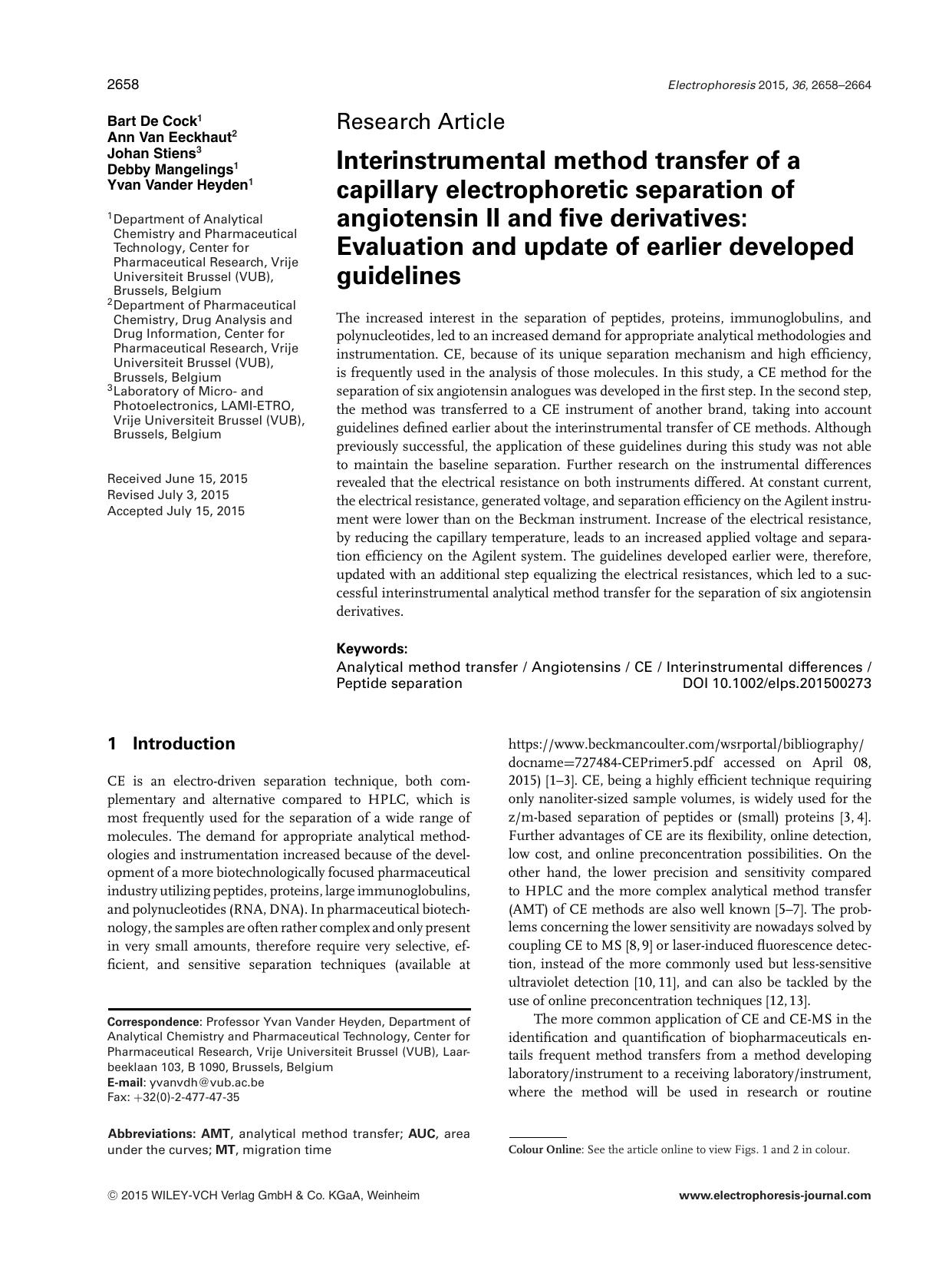 Interinstrumental method transfer of a capillary electrophoretic separation of angiotensin II and five derivatives: Evaluation and update of earlier developed guidelines by Unknown