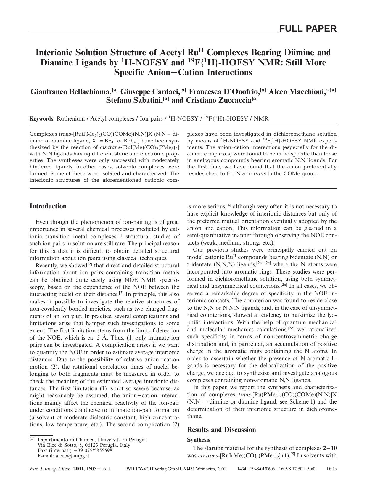 Interionic Solution Structure of Acetyl RuII Complexes Bearing Diimine and Diamine Ligands by 1H-NOESY and 19F{1H}-HOESY NMR: Still More Specific Anion-Cation Interactions by Unknown