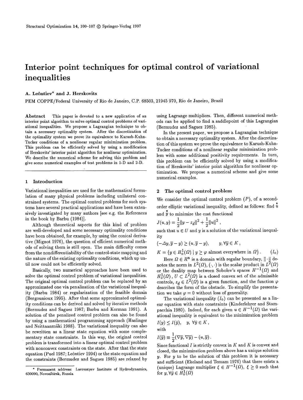 Interior point techniques for optimal control of variational inequalities by Unknown