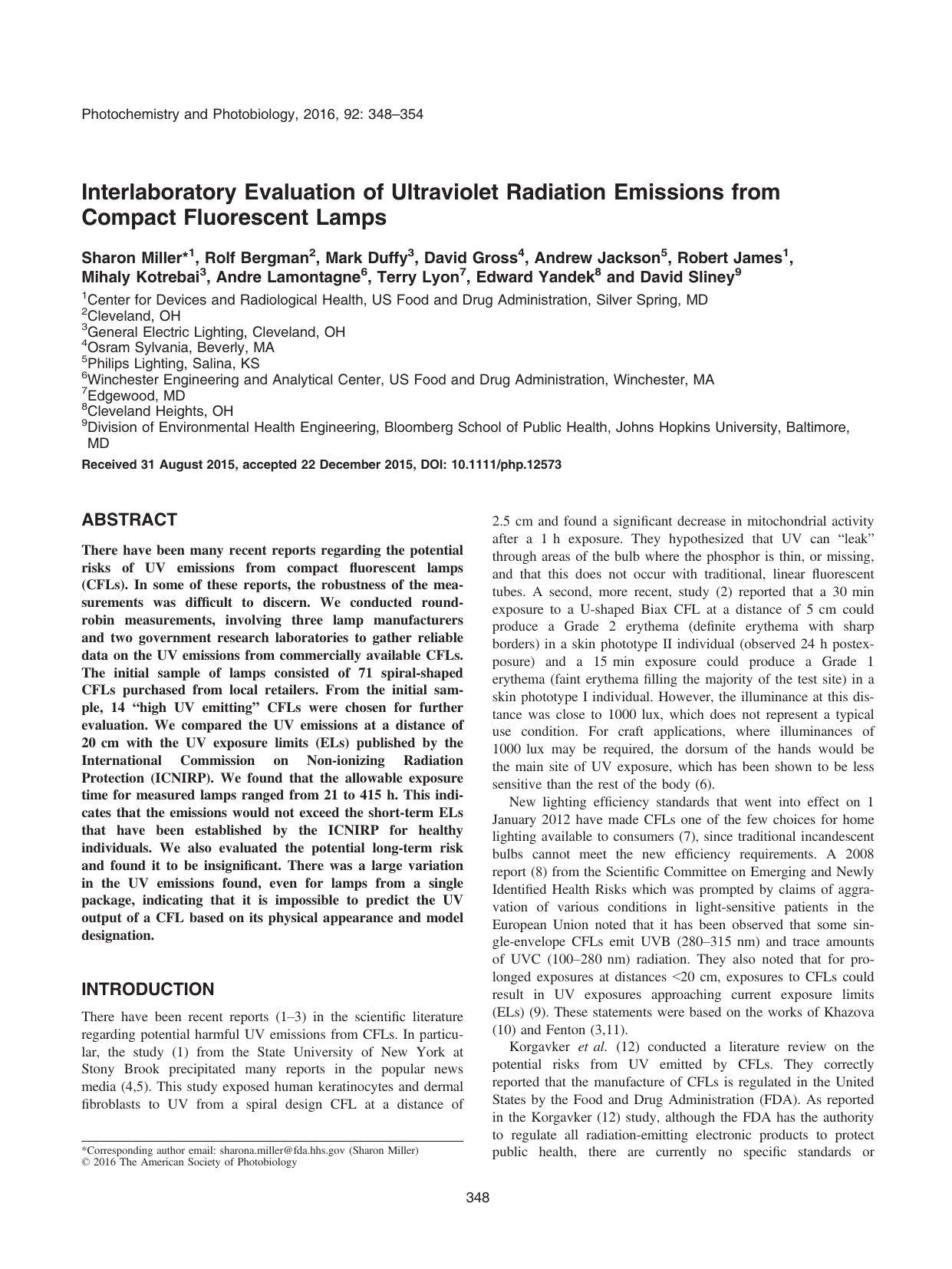 Interlaboratory Evaluation of Ultraviolet Radiation Emissions from Compact Fluorescent Lamps by Unknown
