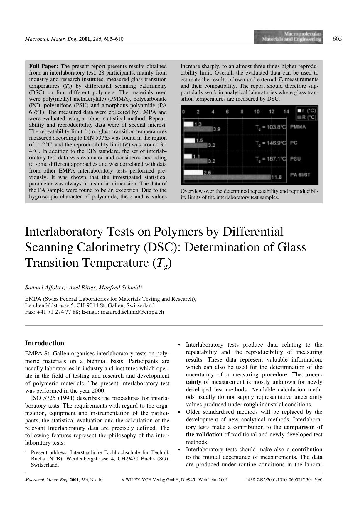 Interlaboratory Tests on Polymers by Differential Scanning Calorimetry (DSC): Determination of Glass Transition Temperature (Tg) by Unknown