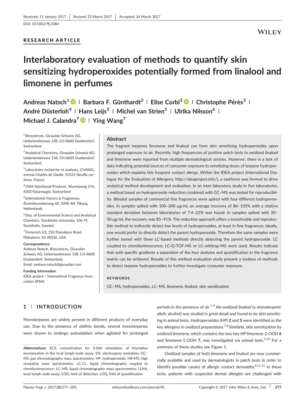 Interlaboratory evaluation of methods to quantify skin sensitizing hydroperoxides potentially formed from linalool and limonene in perfumes by unknow