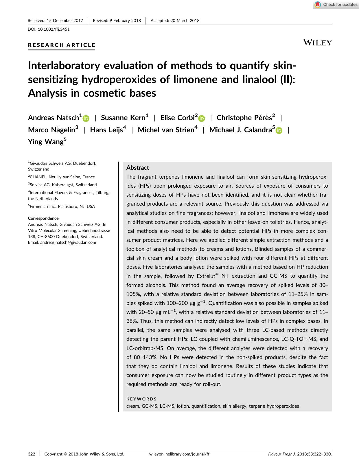 Interlaboratory evaluation of methods to quantify skinâsensitizing hydroperoxides of limonene and linalool (II): Analysis in cosmetic bases by Unknown