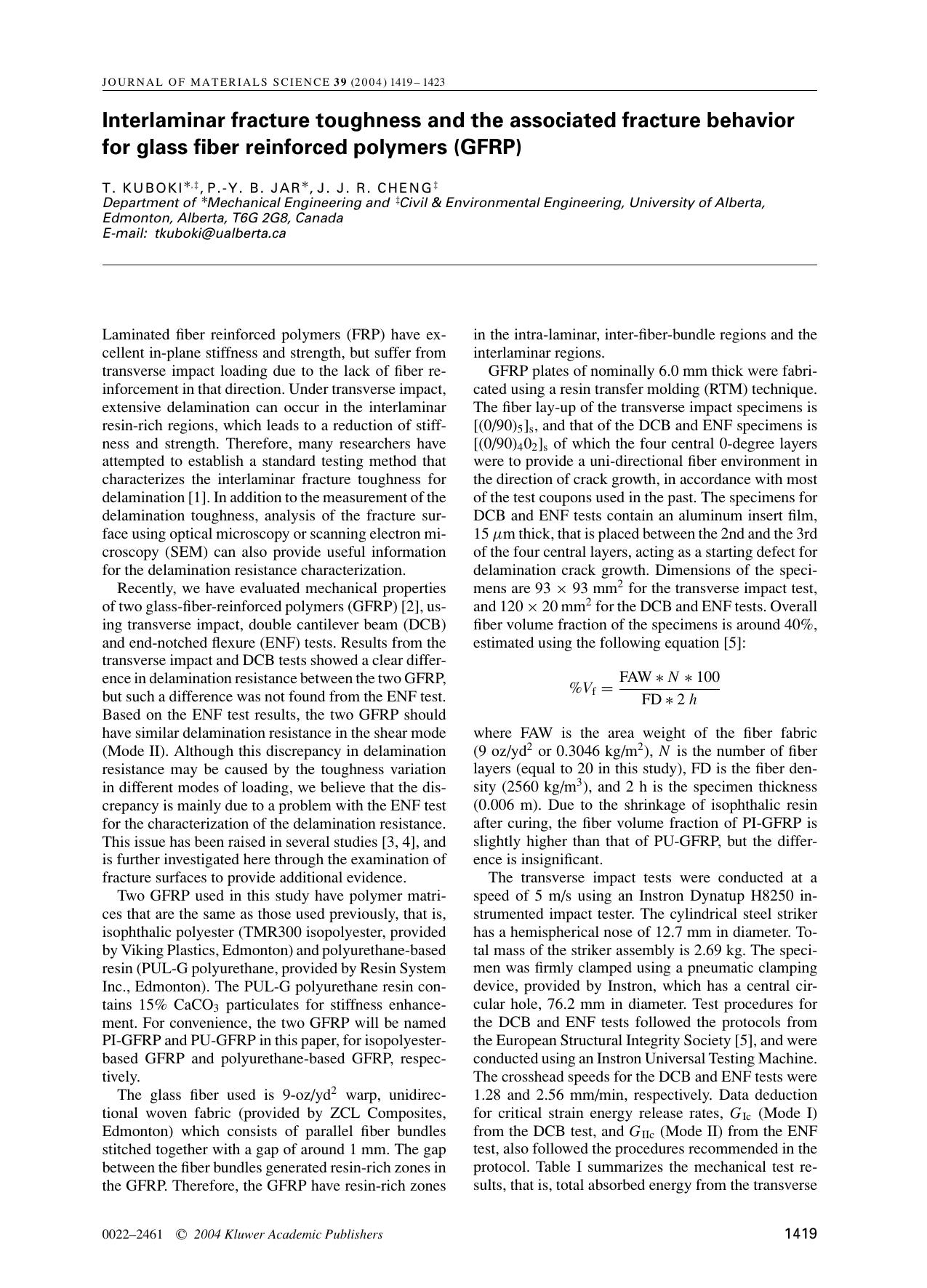 Interlaminar fracture toughness and the associated fracture behavior for glass fiber reinforced polymers (GFRP) by Unknown