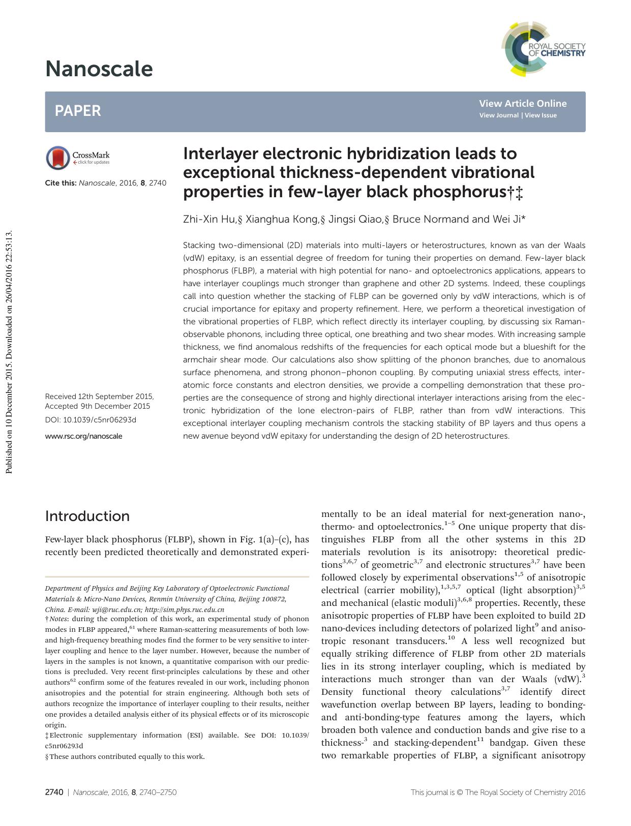 Interlayer electronic hybridization leads to exceptional thickness-dependent vibrational properties in few-layer black phosphorus by Zhi-Xin Hu Xianghua Kong Jingsi Qiao Bruce Normand Wei Ji