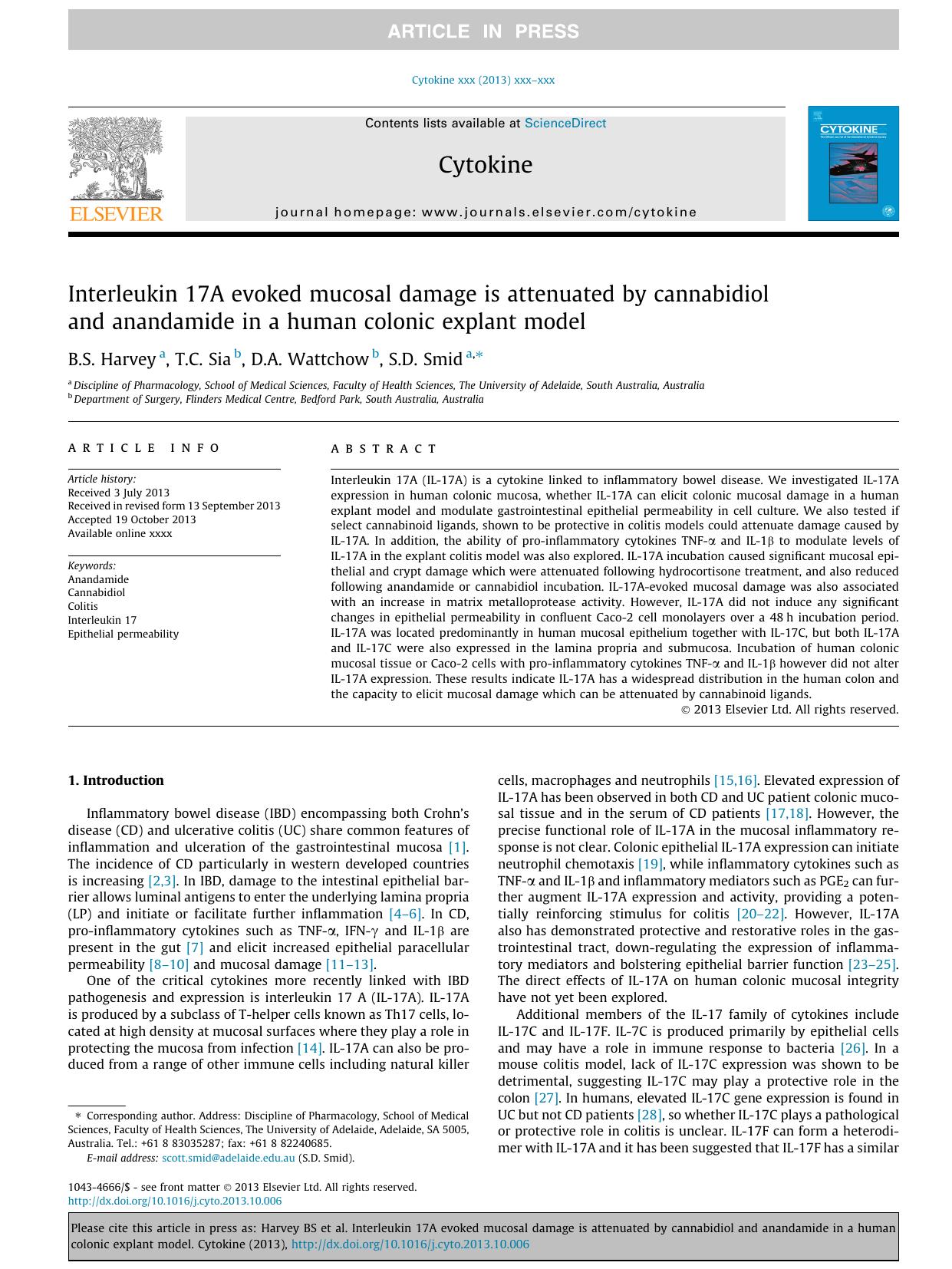 Interleukin 17A evoked mucosal damage is attenuated by cannabidiol and anandamide in a human colonic explant model by B.S. Harvey & T.C. Sia & D.A. Wattchow & S.D. Smid