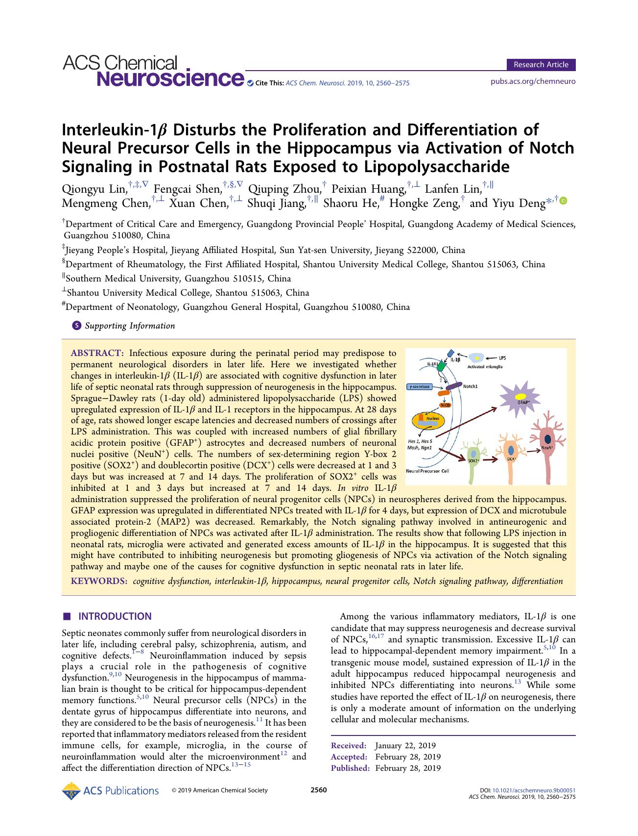 Interleukin-1Î² Disturbs the Proliferation and Differentiation of Neural Precursor Cells in the Hippocampus via Activation of Notch Signaling in Postnatal Rats Exposed to Lipopolysaccharide by unknow