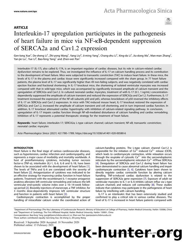 Interleukin-17 upregulation participates in the pathogenesis of heart failure in mice via NF-ÃÂºB-dependent suppression of SERCA2a and Cav1.2 expression by unknow