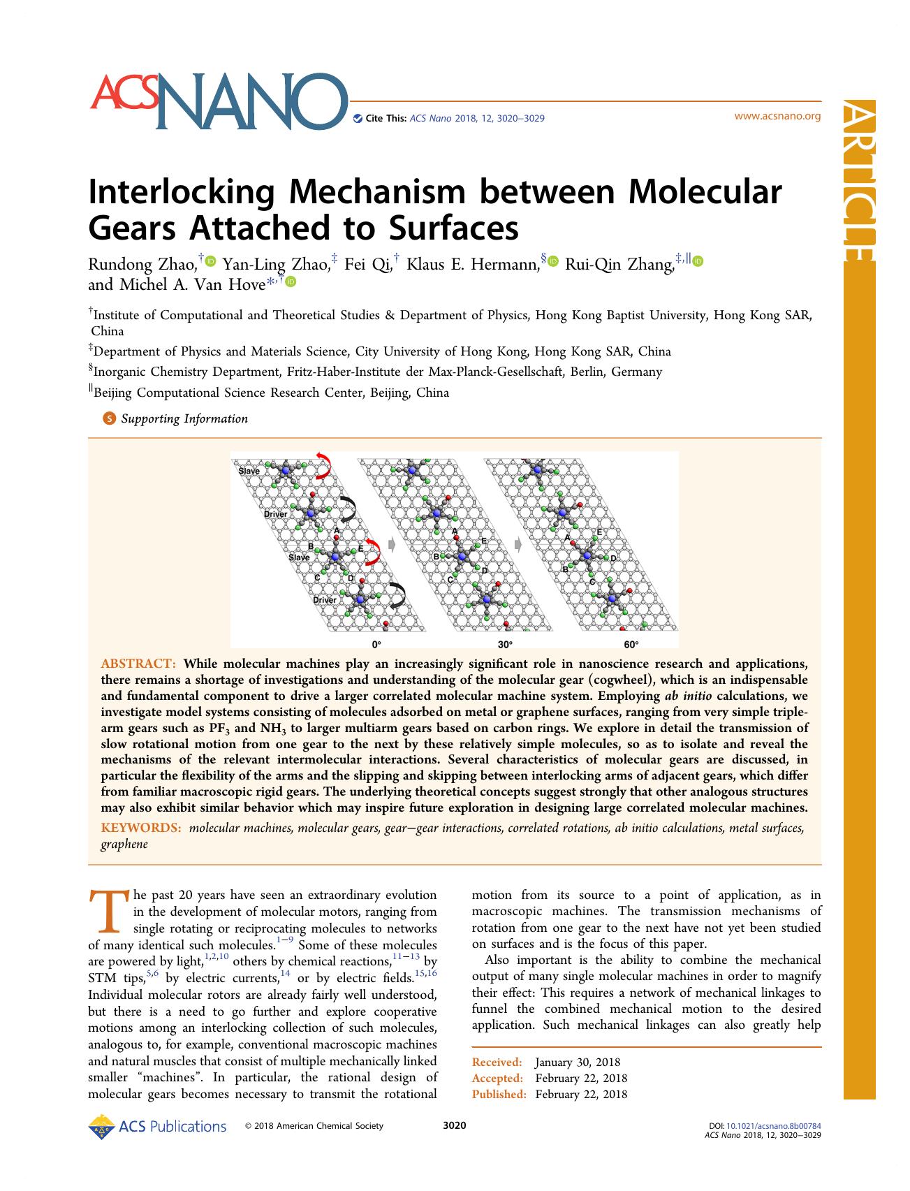Interlocking Mechanism between Molecular Gears Attached to Surfaces by Rundong Zhao Yan-Ling Zhao Fei Qi Klaus E. Hermann Rui-Qin Zhang and Michel A. Van Hove