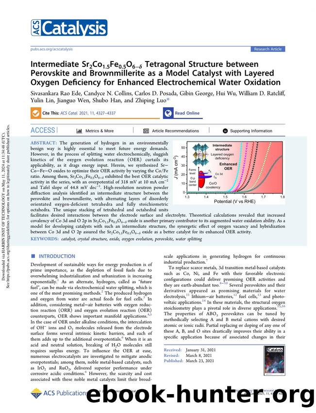 Intermediate Sr2Co1.5Fe0.5O6âÎ´ Tetragonal Structure between Perovskite and Brownmillerite as a Model Catalyst with Layered Oxygen Deficiency for Enhanced Electrochemical Water Oxidation by unknow