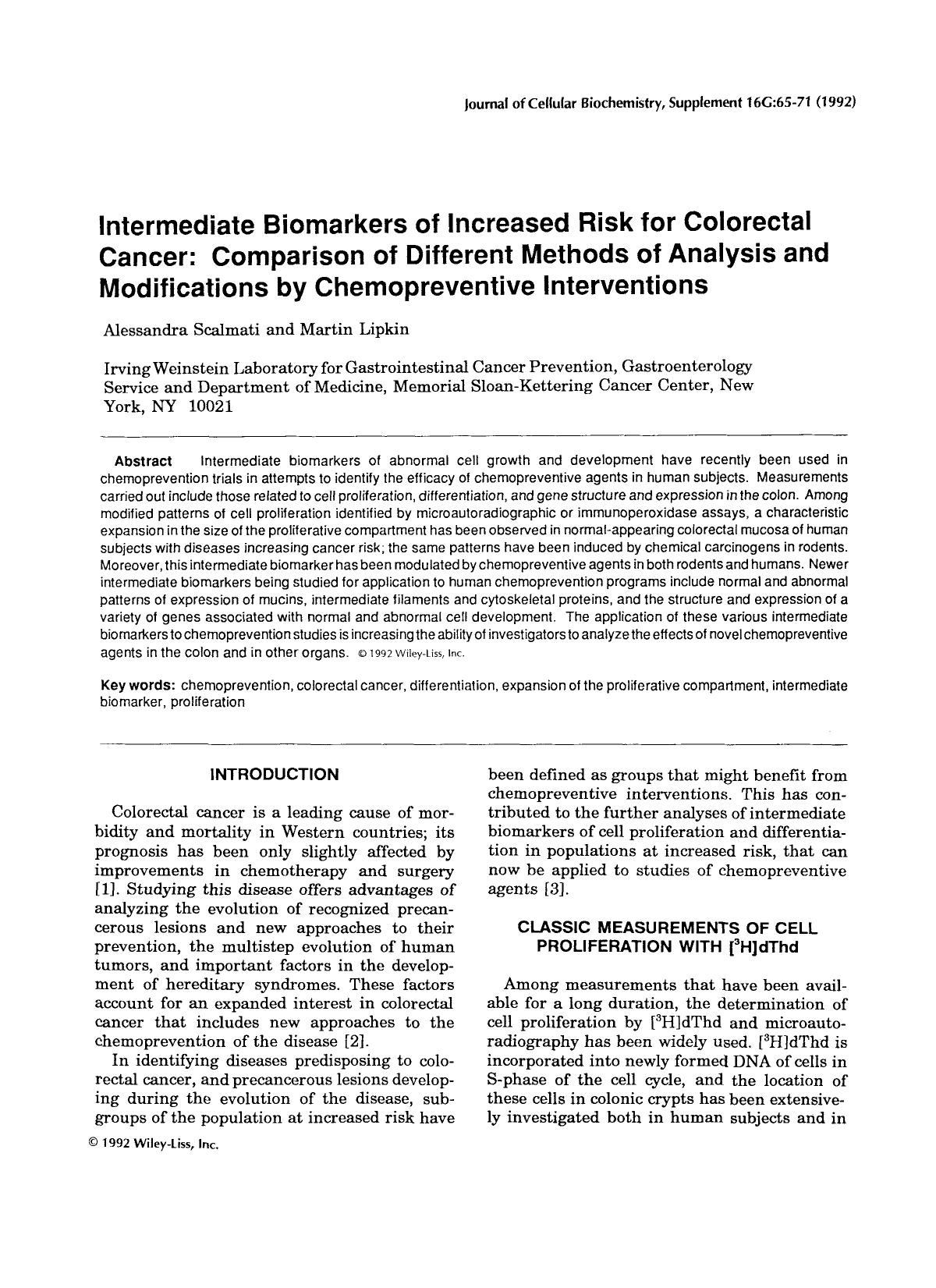 Intermediate biomarkers of increased risk for colorectal Cancer: Comparison of different methods of analysis and modifications by chemopreventive interventions by Unknown
