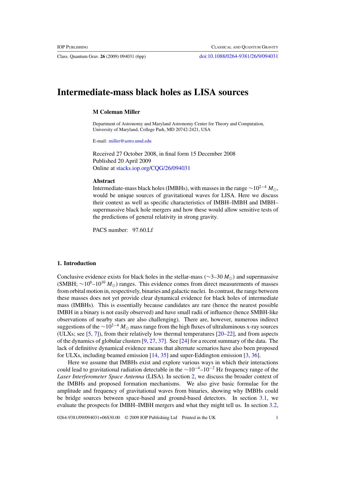 Intermediate-Mass Black Holes as LISA Sources by M C Miller