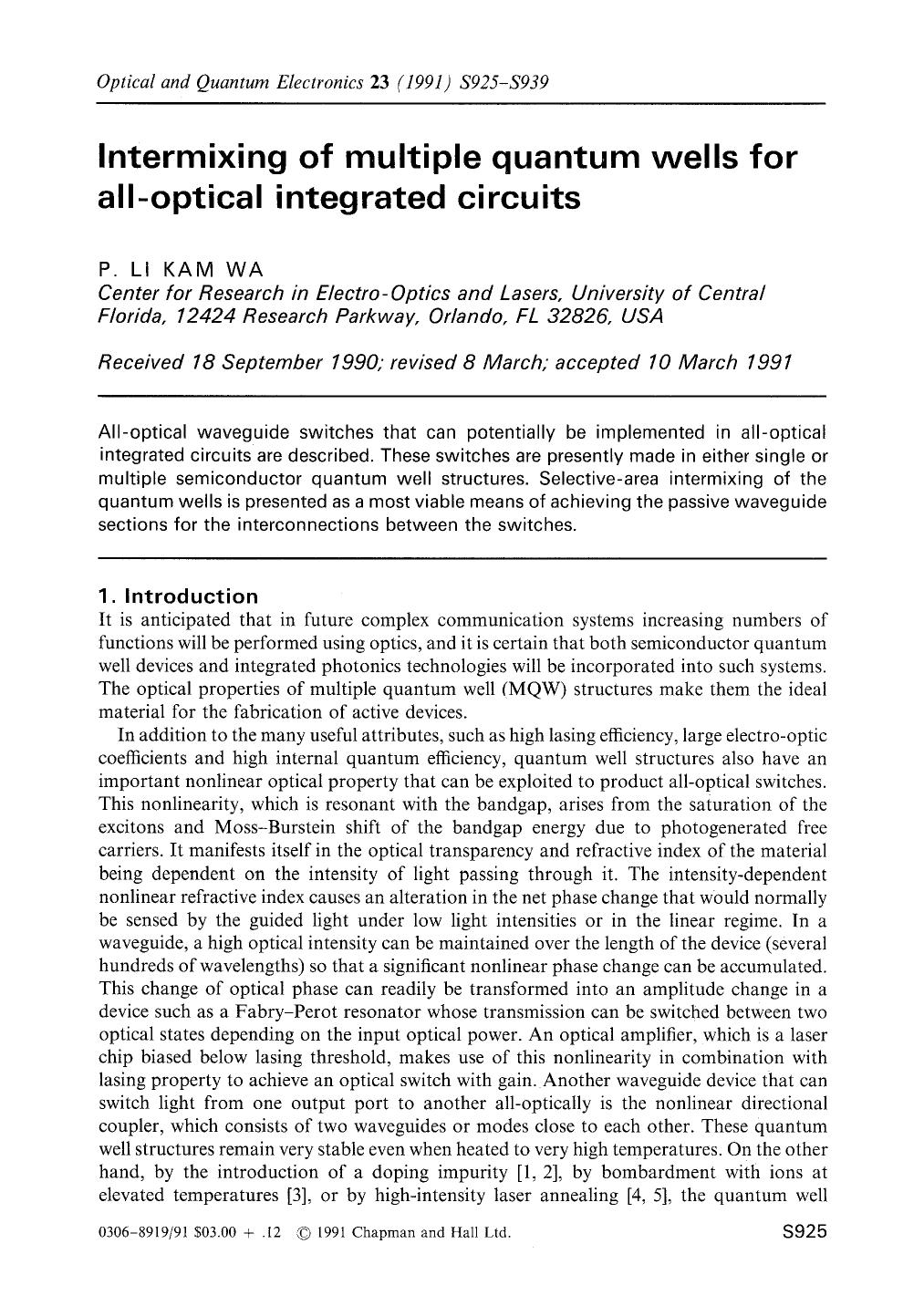 Intermixing of multiple quantum wells for all-optical integrated circuits by Unknown