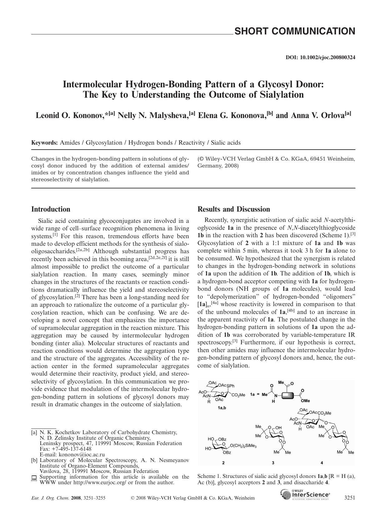 Intermolecular Hydrogen-Bonding Pattern of a Glycosyl Donor: The Key to Understanding the Outcome of Sialylation by Unknown