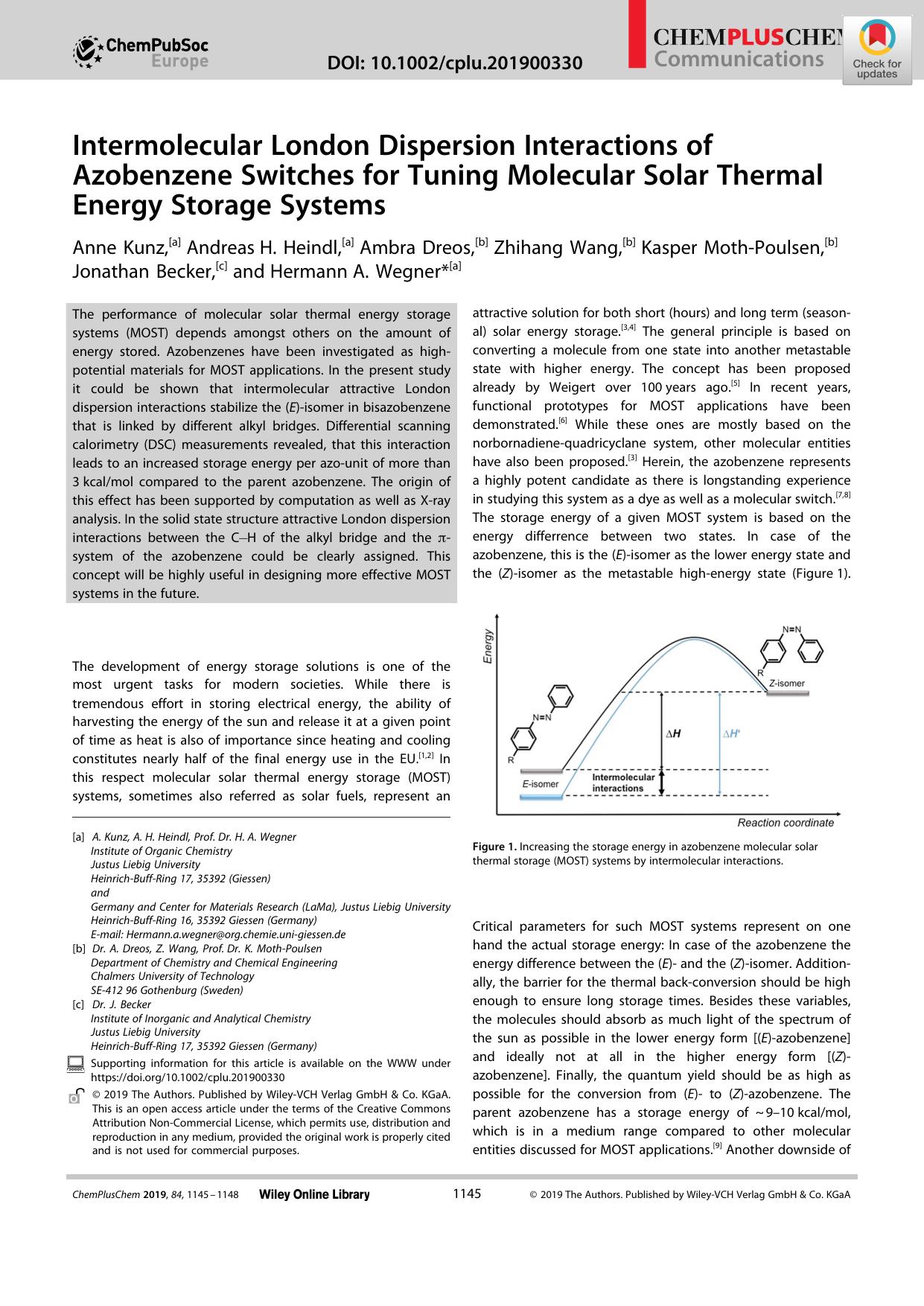 Intermolecular London Dispersion Interactions of Azobenzene Switches for Tuning Molecular Solar Thermal Energy Storage Systems by Unknown