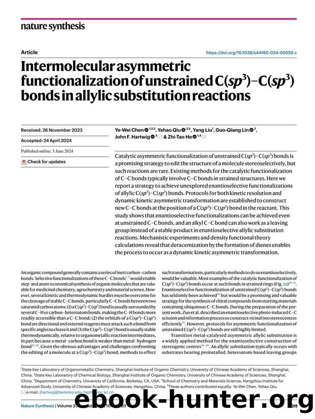 Intermolecular asymmetric functionalization of unstrained C(sp3)âC(sp3) bonds in allylic substitution reactions by Ye-Wei Chen & Yehao Qiu & Yang Liu & Guo-Qiang Lin & John F. Hartwig & Zhi-Tao He