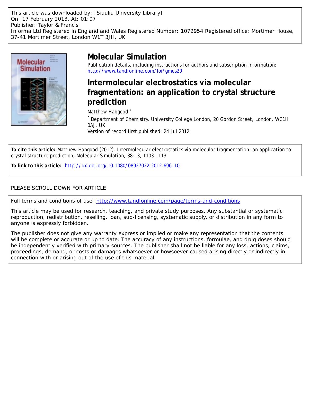 Intermolecular electrostatics via molecular fragmentation: an application to crystal structure prediction by Matthew Habgood